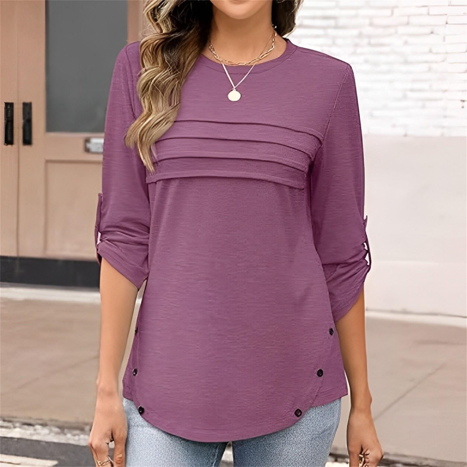 

Women s Spring And Fashion Casual Colid O-Neck 3/4 Sleeve Shirt Tops XL темно-фиолетового