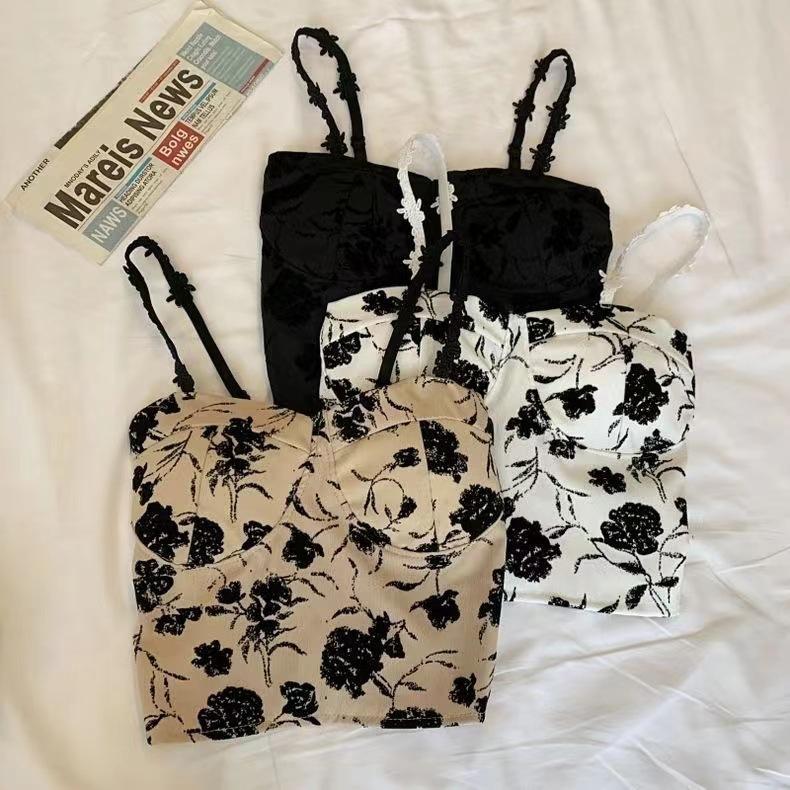 Floral Tank Top Halter Crop Tops Women Summer Camis Chest Pad Camisole Fashion Casual Tube Female Sleeveless Cropped Vest