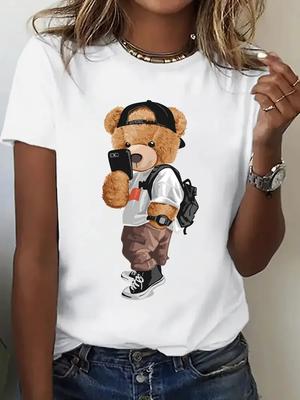 Hip Hop T-Shirt Bär Kawaii Print T-Shirt Kurzarm Rundhals Lässiges Oberteil für Sommer Frühling Damenbekleidung Oberteil T-Shirt
