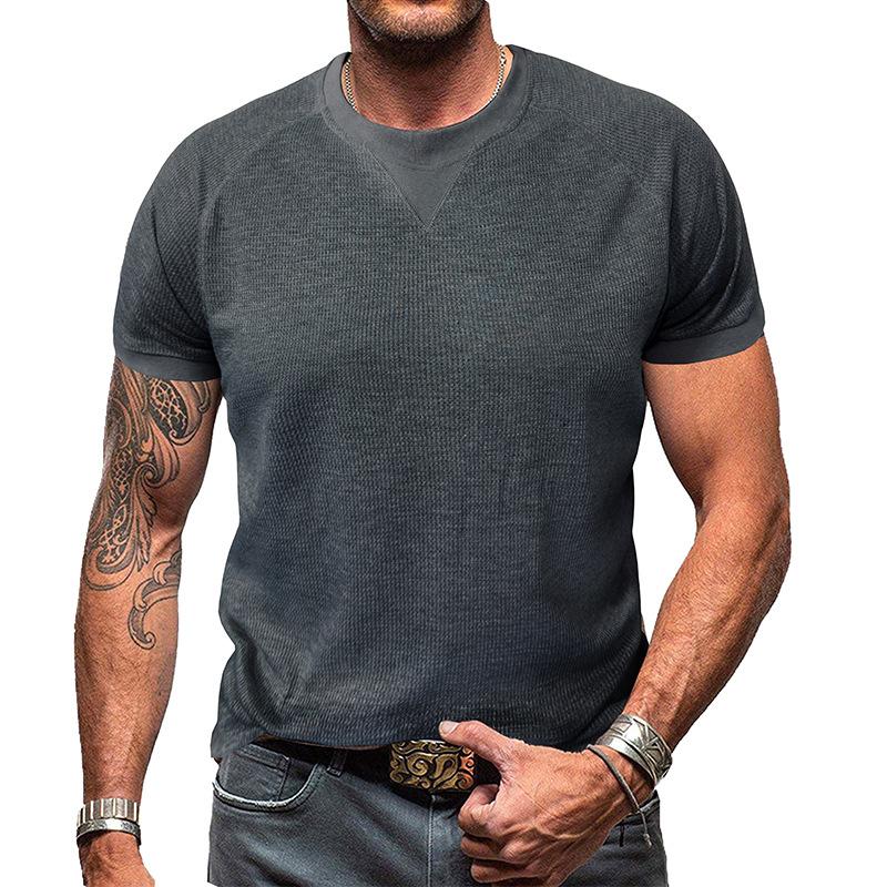 Men White Waffle Knit Crew Neck Short Sleeve T-Shirt Casual Solid Top