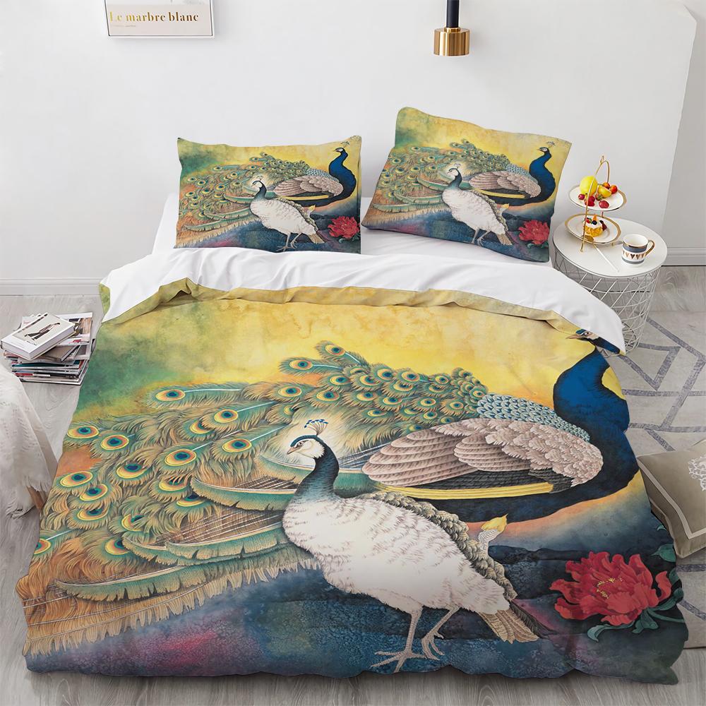 Juego de Funda Nórdica de Pavo Real Microfibra Preciosa Pluma Azul Funda de Edredón Flor Rosa Suave 2/3 Piezas Aves Tema Animal Funda de Edredón