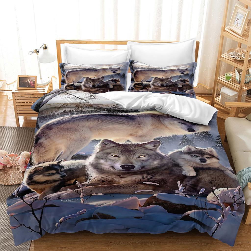 Lenjerie de pat de uz casnic cu model de lup 3D Pat de o persoană Pat dublu Față de pernă cu imprimeu de lup și husă de pilota 2/3 seturi de lenjerie de pat dormitor pentru adulți și copii