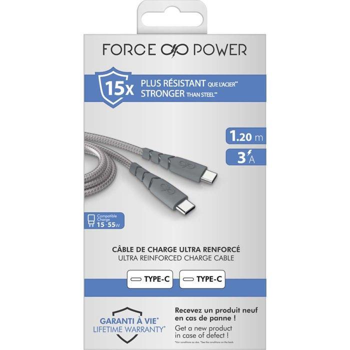 Câble usb-c - force power - 1.2m - ultra-renforcé - 3a - garanti à vie
