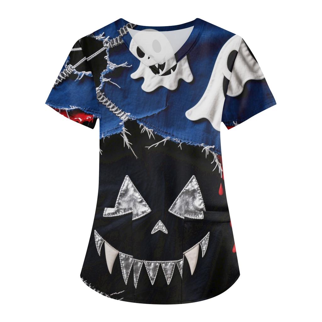 Women's Printing Uniform Work Uniform V-neck Pockets Basic Short Sleeve Pullover Top