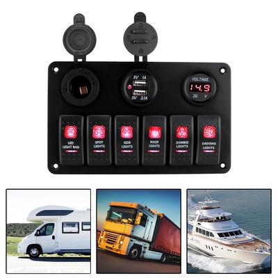 6 Gang Rocker Switch Panel Car Marine Circuit Breaker Dual USB Ports LED Digital Voltmeter DC 12V/24V ON/OFF Lights Waterproof