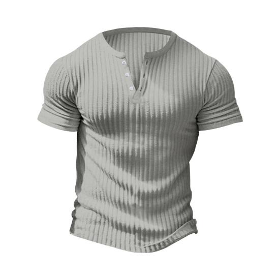 Men T-shirt Short Sleeves Slim Thin Solid Buttoned Color Stretchy Fit V Neck Pullover Thread Sport Fitness Top