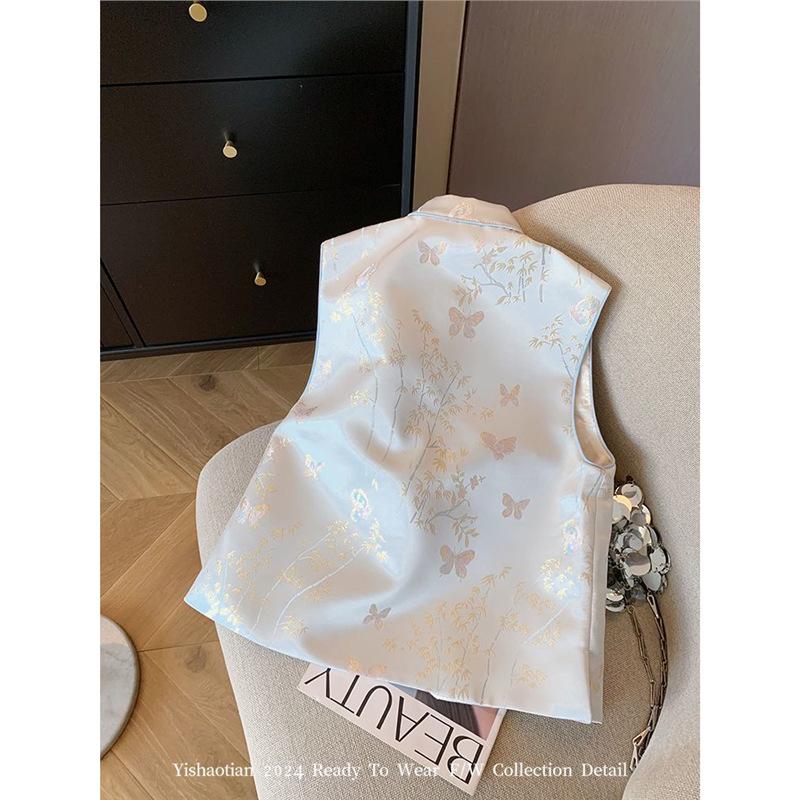 Early spring new high-end temperament vest vest jacquard disc buckle stand-up collar vest women's stacking fashion