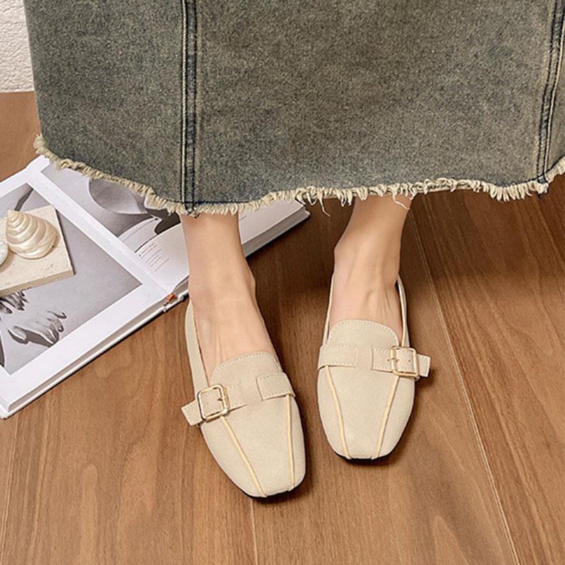 Gürtelschnalle Einzelne Schuhe Damen Frühling Herbst Ballerinas Neu Retro Eckige Zehen Loafers Einfarbig Damen Lässige Slipper Mokassins