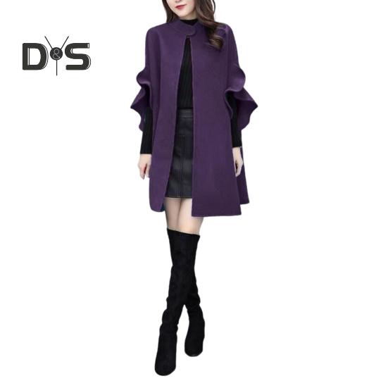 

Женское зимнее пальто с рукавами-лепестками, воротником-стойкой, накидкой-трапецией, кардиганом средней длины с открытыми стежкам, шерстяным пальто для улицы, пончо XL фиолетовый