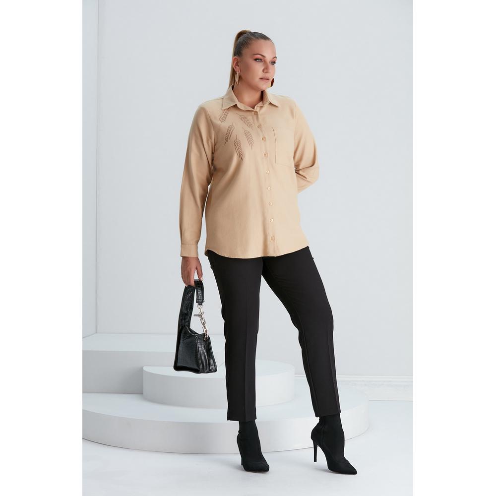Fierte Women's Plus Size Shirt RG5051 Button Closure Embroidery Detail