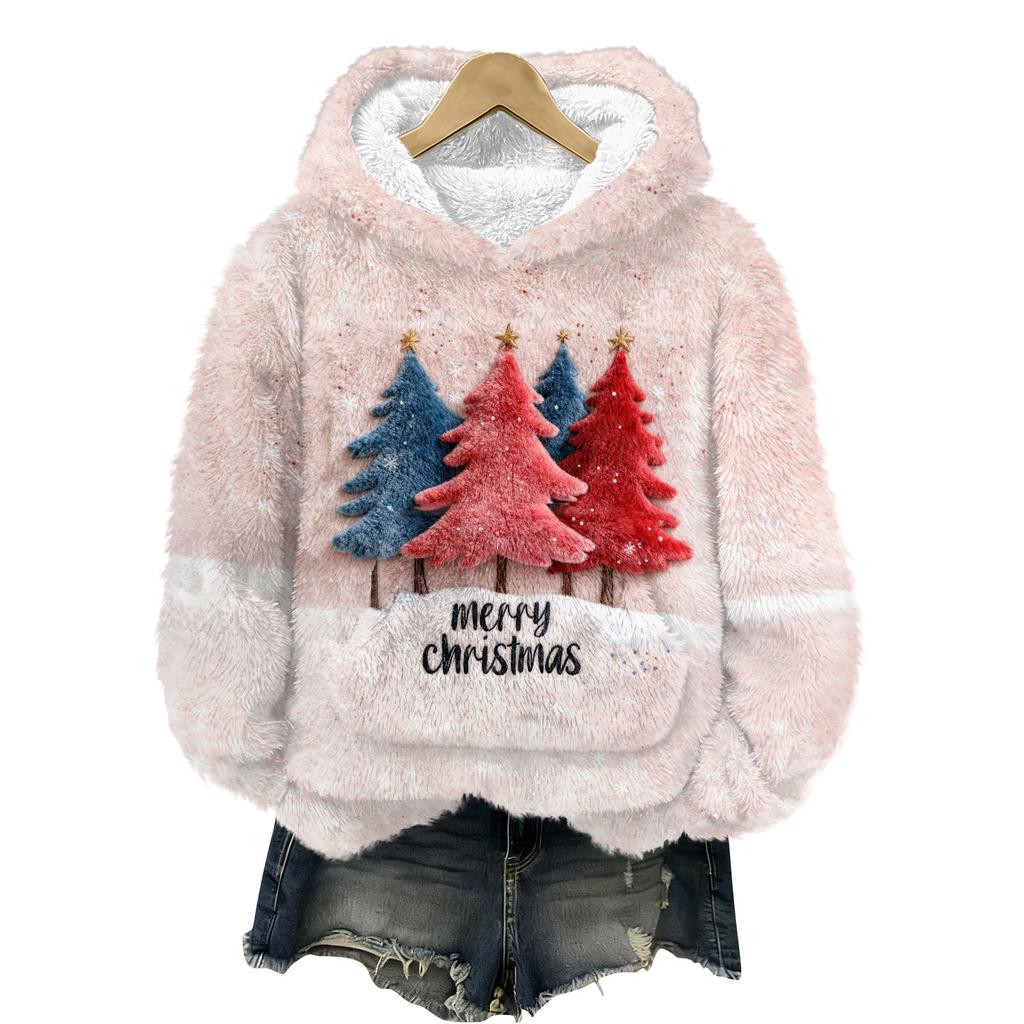 Sudadera con capucha de franela con estampado navideño de manga larga para mujer