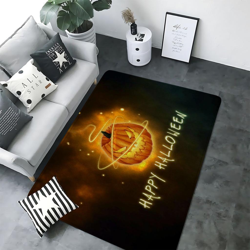 Halloween Themed Rectangular Rug Diverse Pumpkin Black Cat Patterns Soft Non Slip Carpet for Living Room Bedroom Decor