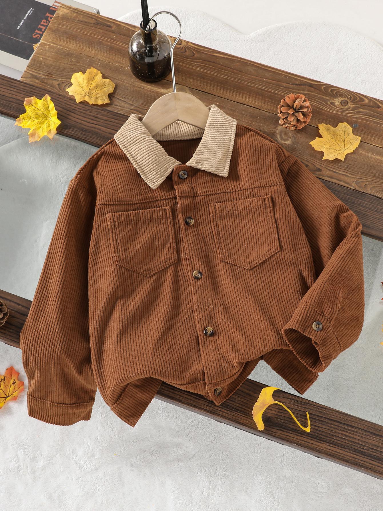 Single-piece boys corduroy jacket, simple, casual, versatile, color-blocked, lapel, autumn/winter style. 4Y коричневый