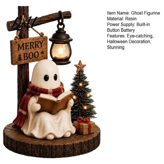 Autumn Harvest Decorations Halloween Ghost Figurine Vintage Cozy Reading Book/Walking Dog Statue with Lantern Healing Figurines Light Up Spooky