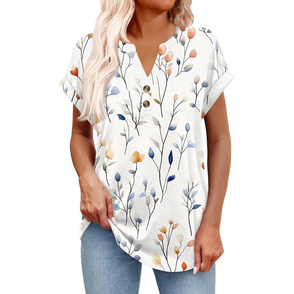 Top Pulôver Feminino Casual da Moda de Manga Curta com Decote em V, Botões e Estampa