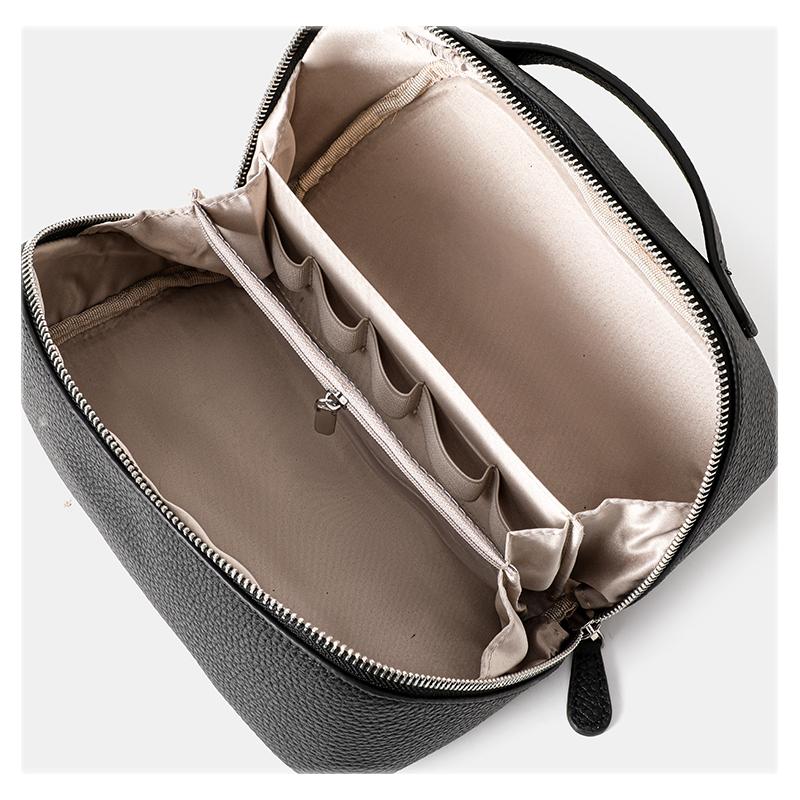 Top Grain Cow Leather Makeup Bag, 2 Sizes Litchi Grain Double Zipper Portable Handheld Travel Toiletry Bag Large Capacity Skincare Storage Organizer