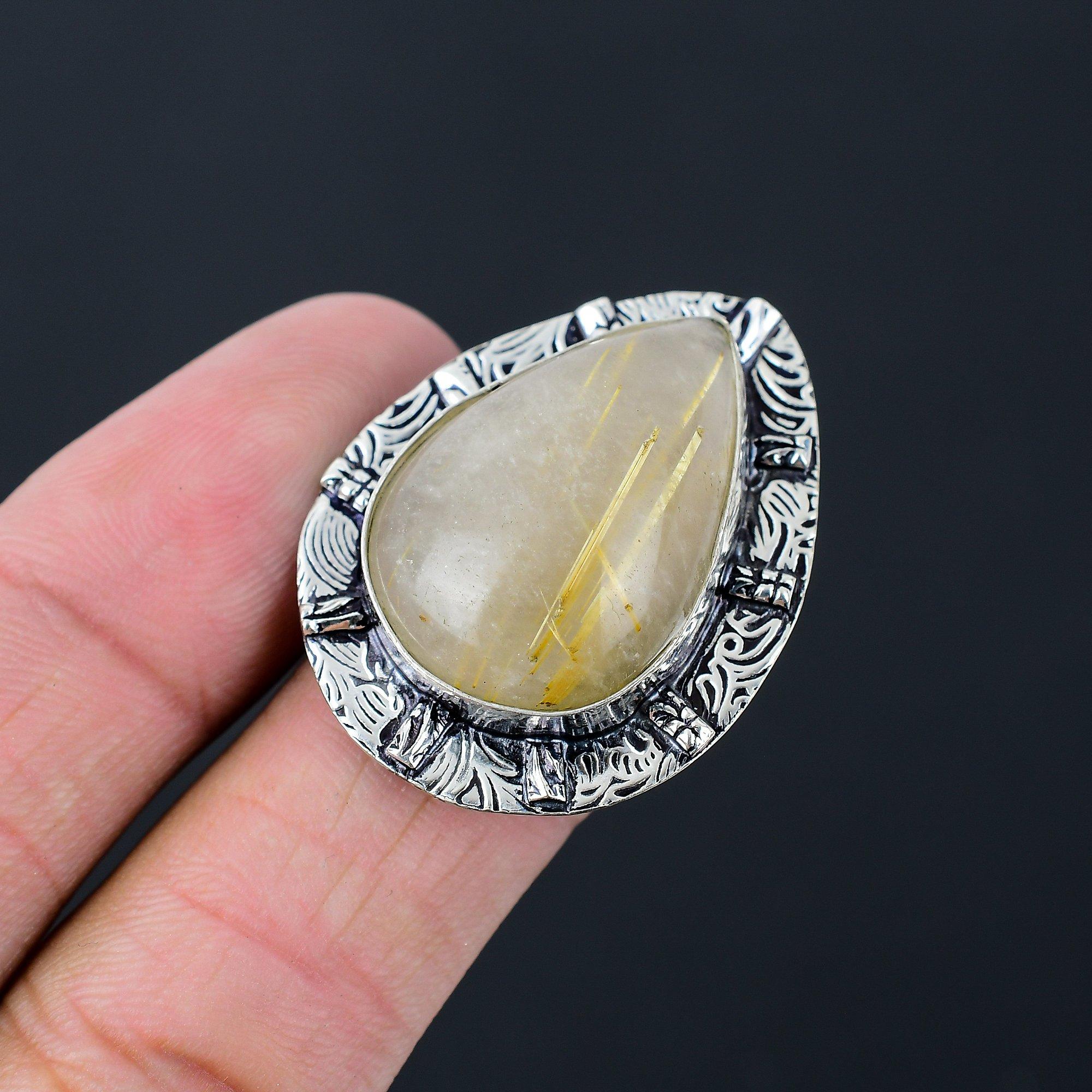 Natural Golden Rutile Gemstone 925 Silver Solitaire Ring Size 9 For Women 9