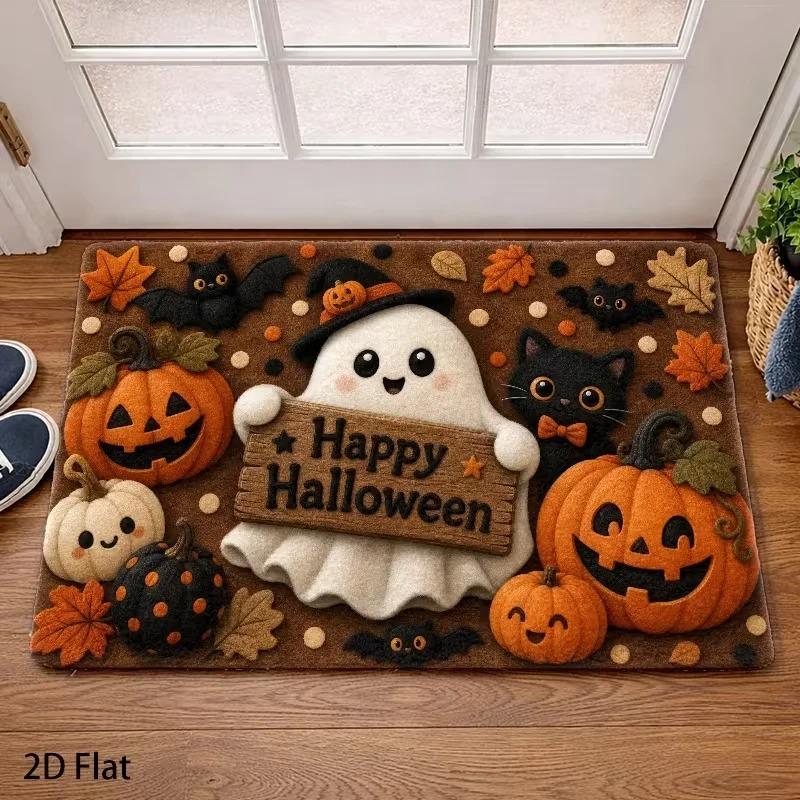 Tappetino di Benvenuto Carino e Allegro per Halloween, Tappeto d'Ingresso con Fantasma Adorabile, Zucca, Gatto Nero e Pipistrello, Tappeto Antiscivolo per l'Ingresso Autunnale