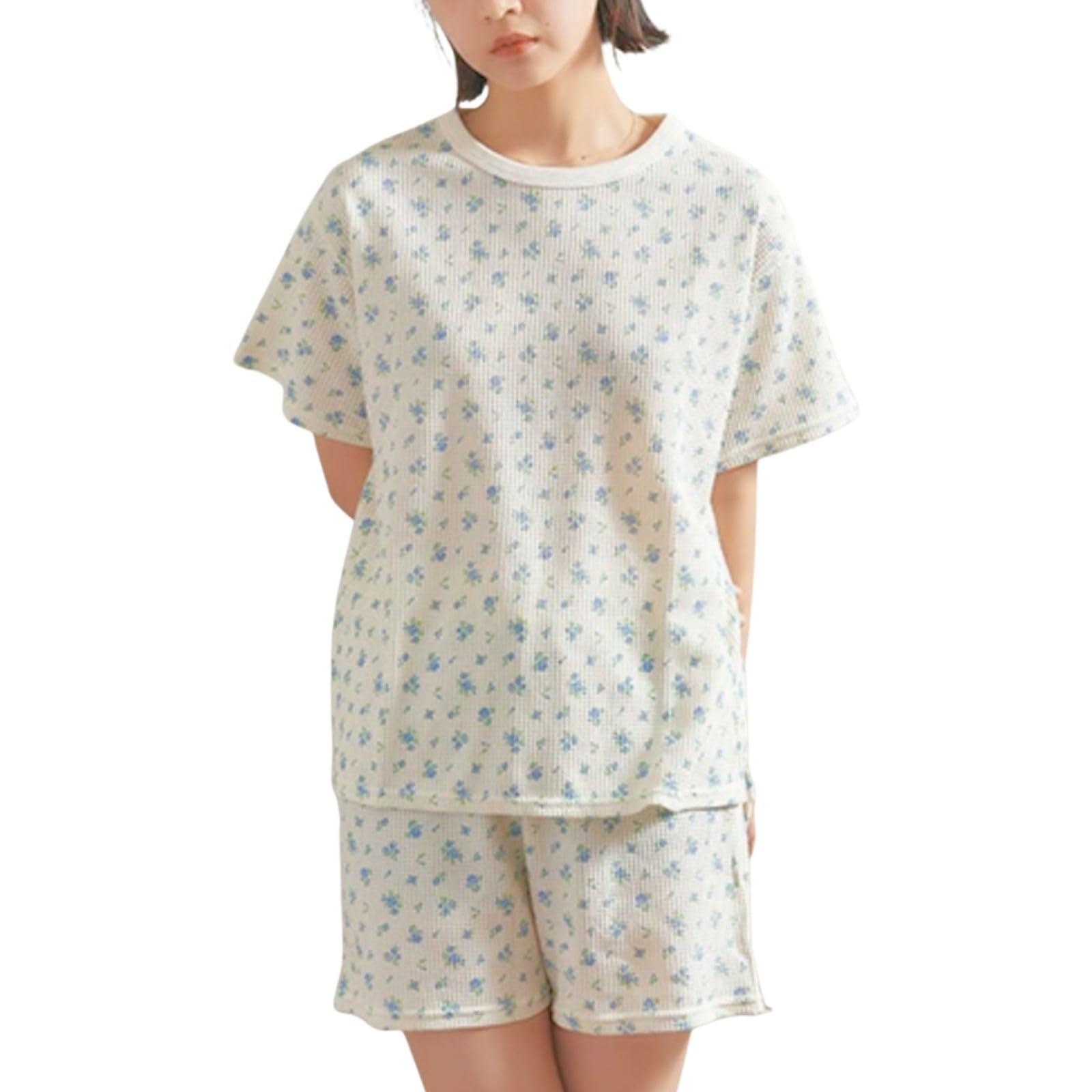 

Morgan Waffle Flower Print Short Sleeve Shorts Sax J.E. & 3-Piece Set,