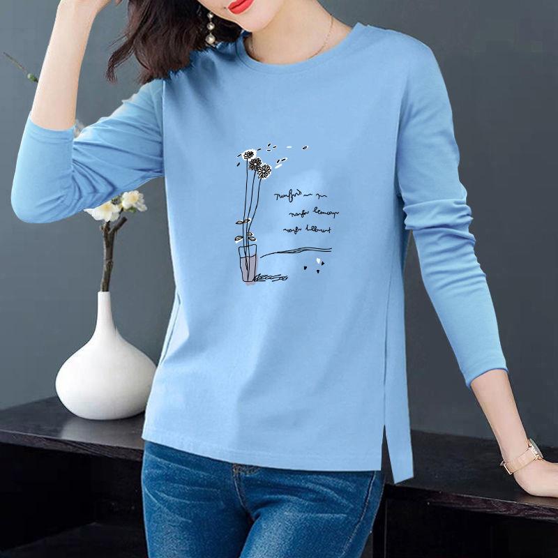 Spring and Autumn Women's Pure Cotton Long-Sleeve Split Round Neck Loose T-Shirt