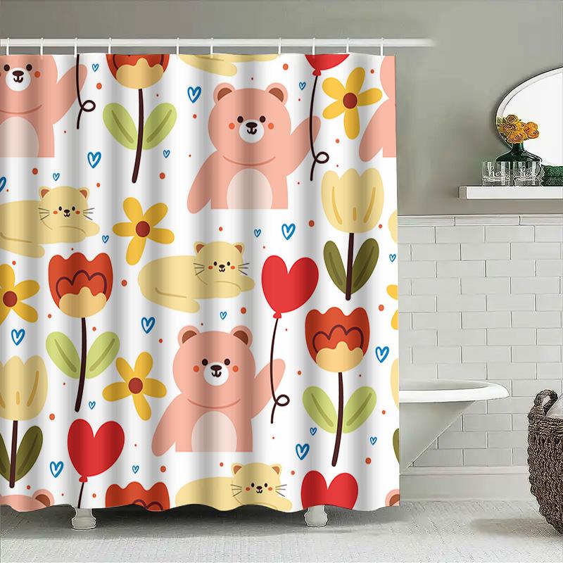 Cortina de Chuveiro para Banheiro com Padrões de Animais Fofos Ideal para Decoração de Quarto Infantil Capa de Tapete de Banheiro Impermeável em Poliéster com Flor Amarela