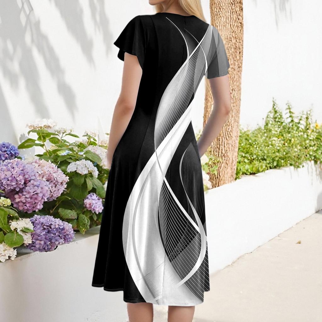 Women's Casual Fashion V-neck Short Sleeve Print Dress With Pockets