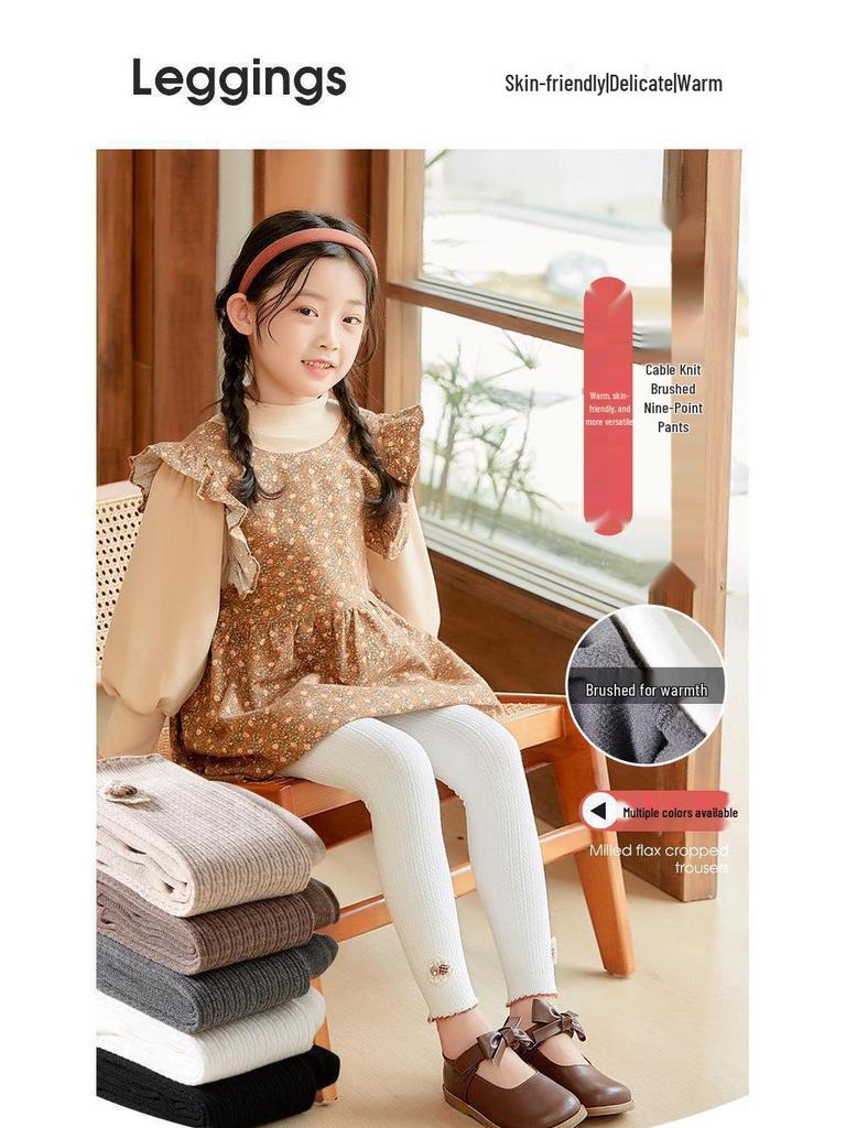Girls' Fleece Lined Cable Knit Button Flower Tights - Nine-Point Length for Spring, Autumn, and Winter Wear