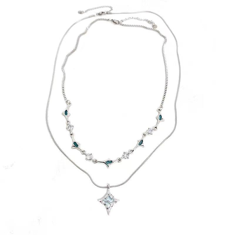 

Double Layer Blue Cross Necklace Design Sweet Cool ins Pendant Collarbone Chain Spice Girl Accessories Women Do Not Fade