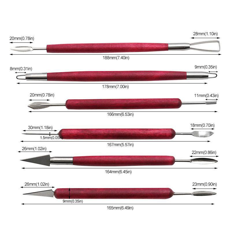 Red Six-Piece Wooden Pottery Clay Carving and Trimming Tool Set