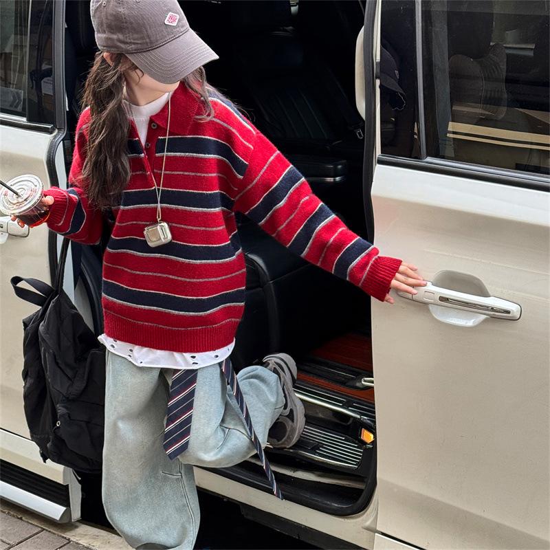 

Полосатый вязаный свитер поло для девочек - Модный пуловер для детей Осень/Зима 2025 160 cm красный