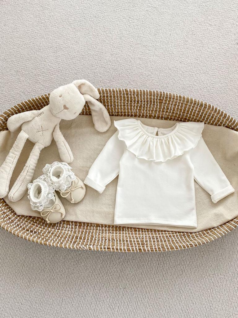 Spring Autumn Baby Girl Solid Long Sleeve Ruffled Neck Base Layer Top