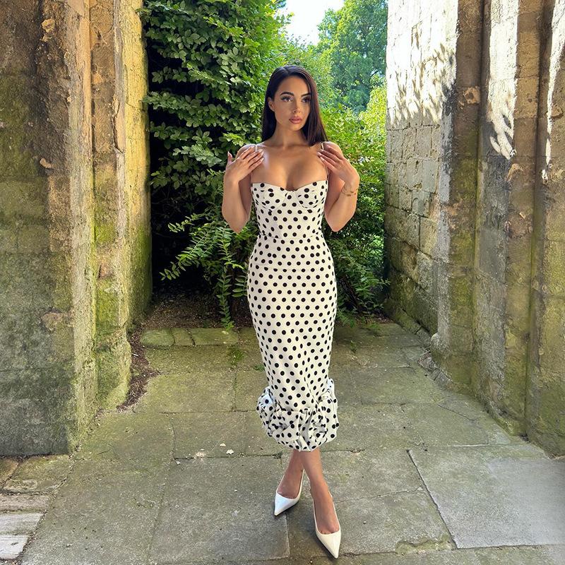 Women s Spaghetti Strap Bodycon Mermaid Hem Polka Dot Dress Flared Ruffle Hem S белый