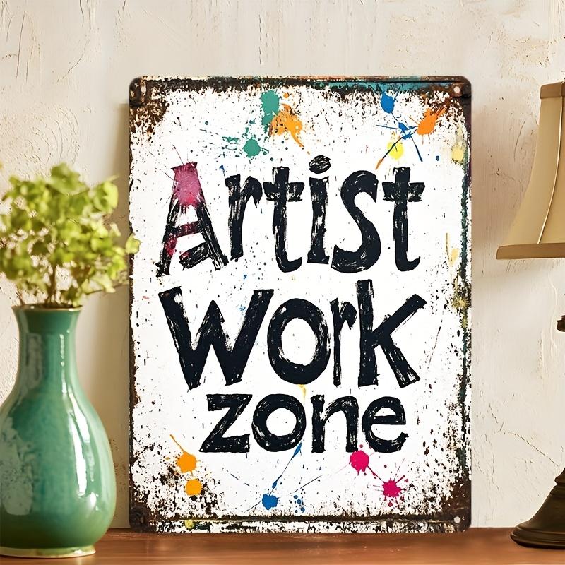 Vintage Artist Workspace Metal Sign Rustic Iron Wall Decor with Distressed Font and Colorful Splash Effects Perfect for Home