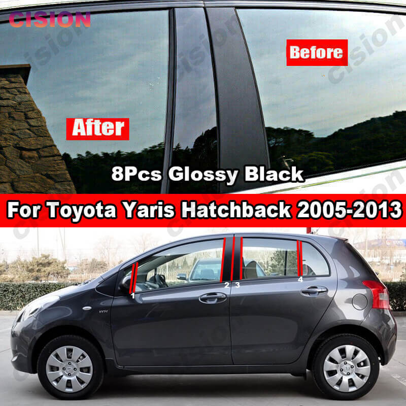 8x Car Window Door Column BC Pillar Post Cover Trim For Toyota Vitz Yaris XP90 Hatchback 2005-201arbon Fiber Black PC Sticker