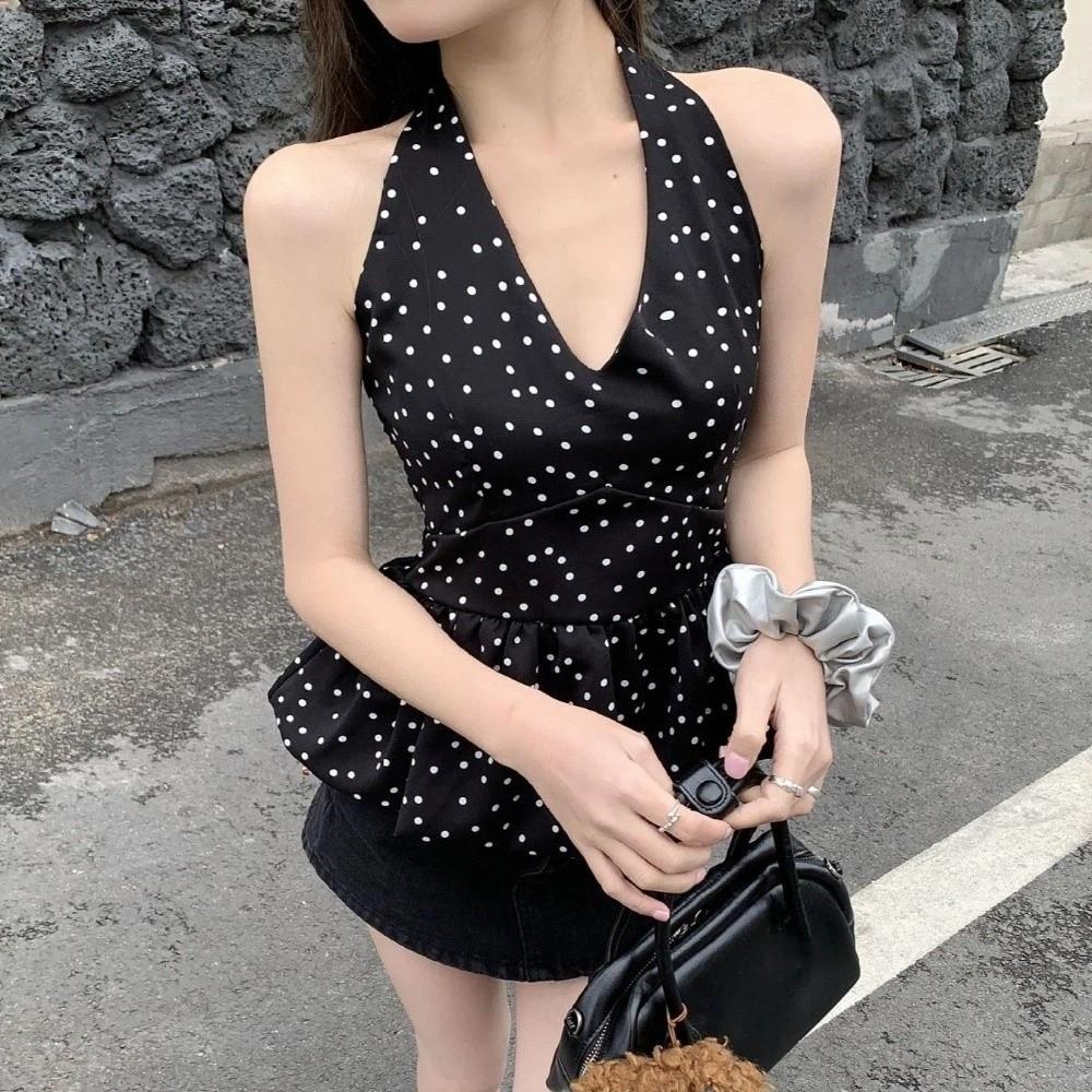 Y2k Halter Ruffle Vest Top Polka Dot Women Camisole Comfortable Sleeveless Crop Top Female