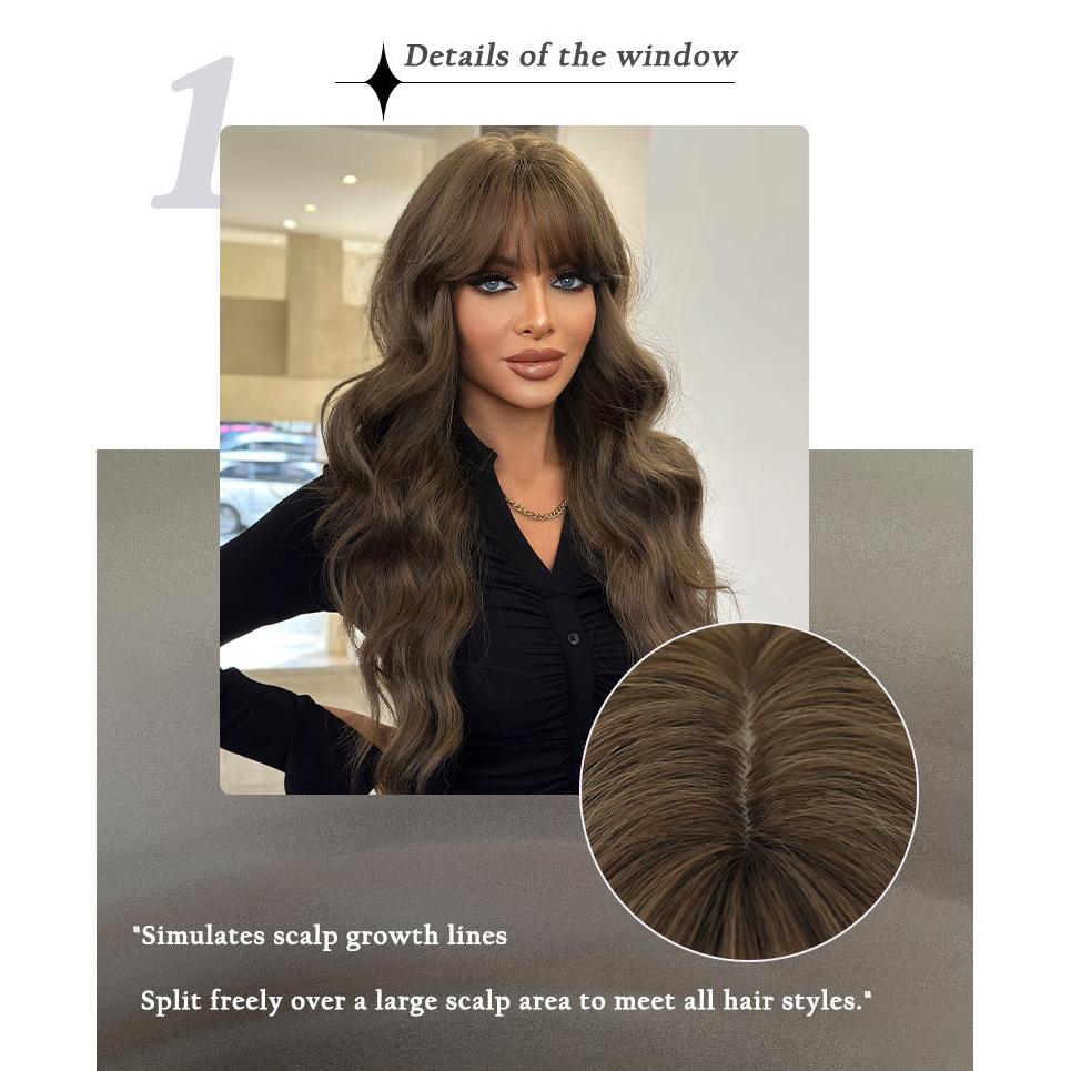 Middle East Mist Tea Light Brown Long Curly Wig for Women -Big Waves Full Bangs, Quick Beauty Daily Styling, High Quality Full Cap