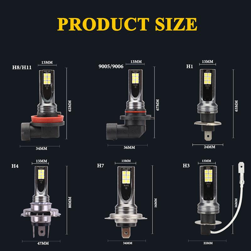 H11 LED H8 H9 H1 9005 9006 HB3 HB4 H7 H3 H4 Car Fog Lights With 3030 Chips 12LED 6000K White Auto Fog Lamp Day Running Light 12V