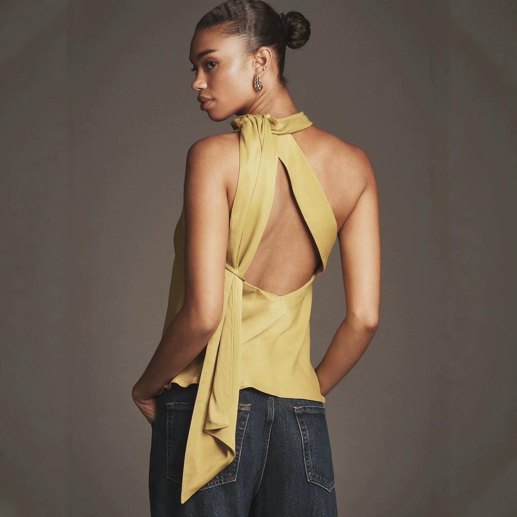 European and American style high-end satin neck slanted shoulder top temperament streamer design backless temperament sleeveless outer vest