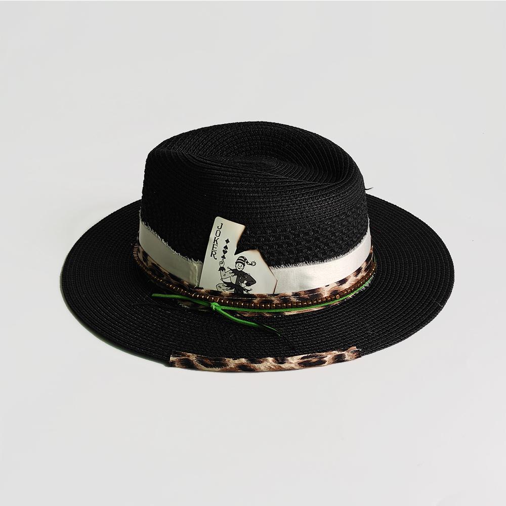 Fashion Black Men'S Summer Straw Woven Fedora Hat Panama Hat Wide Brim Summer Beach Sun Hat Playing Card Accessory