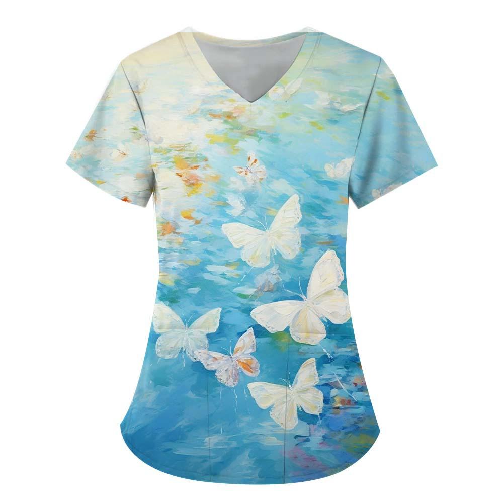Women's T-shirt V-neck Nurse Uniform Commuting Comfortable Short Sleeved Butterfly Printed T-shirt for Women