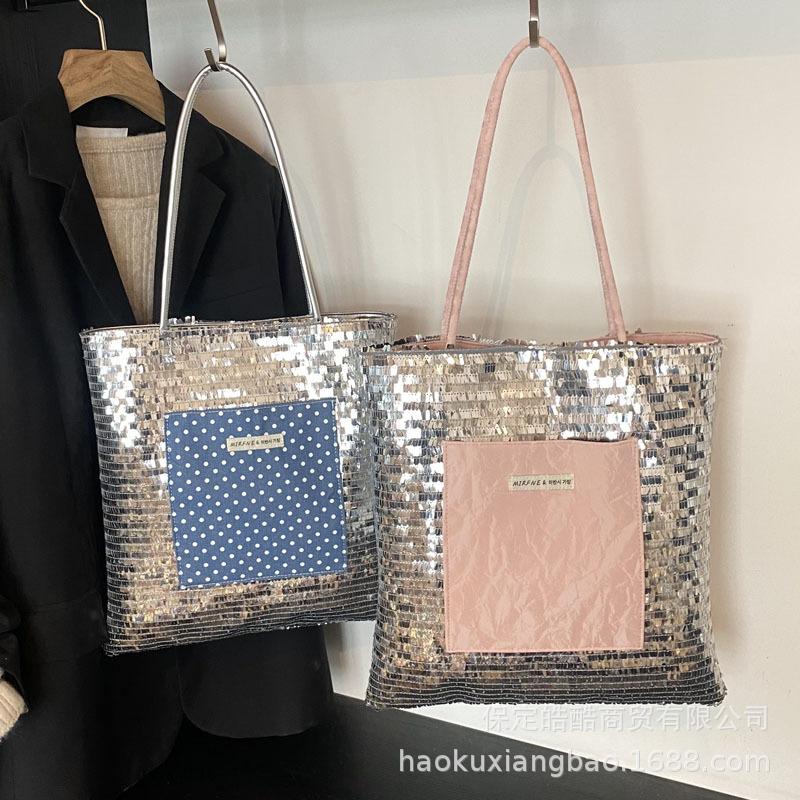 2025 New Korean Version Fashion Tote Bag Casual Sequins Large Capacity Underarm Shoulder Bag Handbag Female Texture Tide
