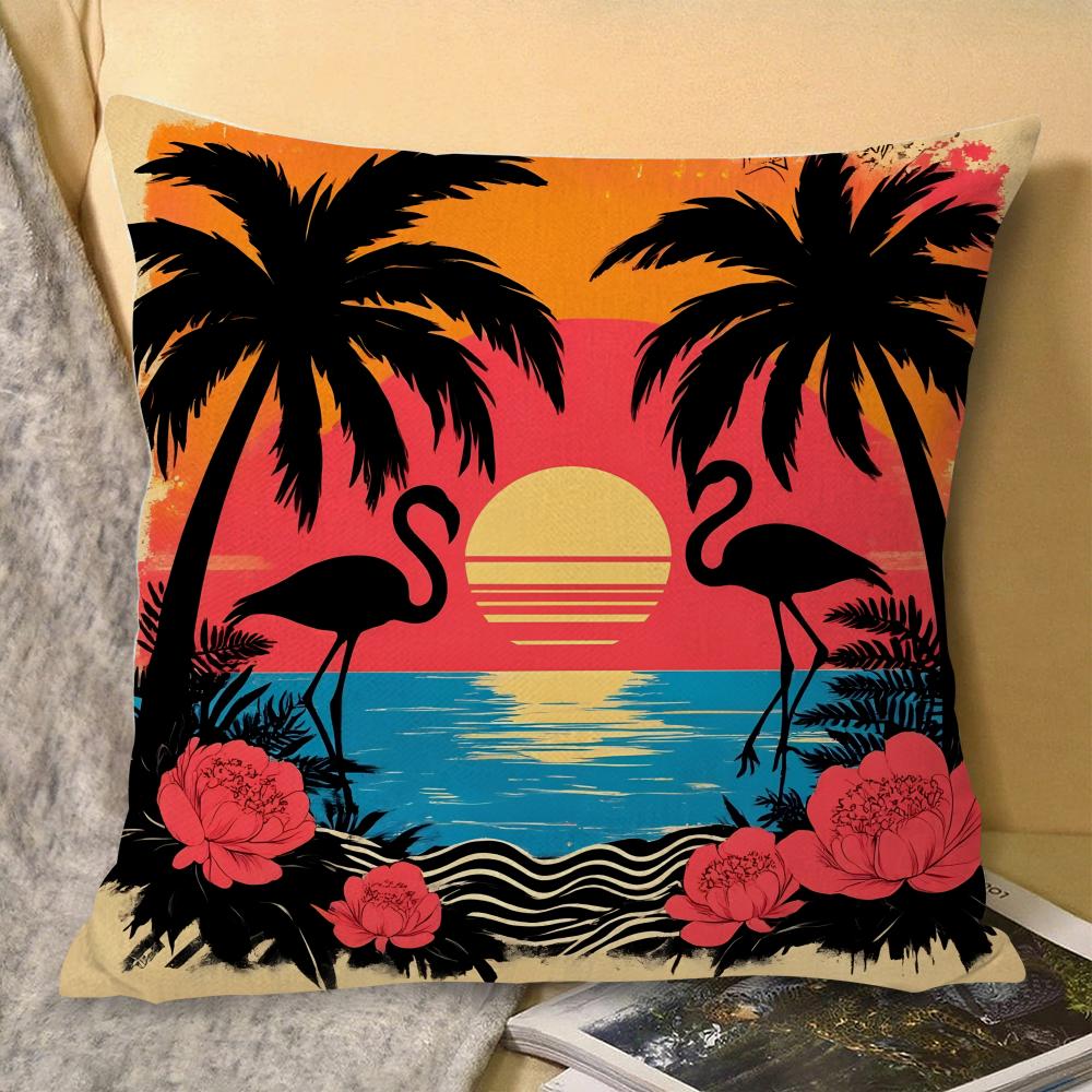 Tropical Palm Flamingo Cushion Cover Natural Linen Organic Fabric Double-Sided Printing Sofa Home Decor Gift Pillow Cover