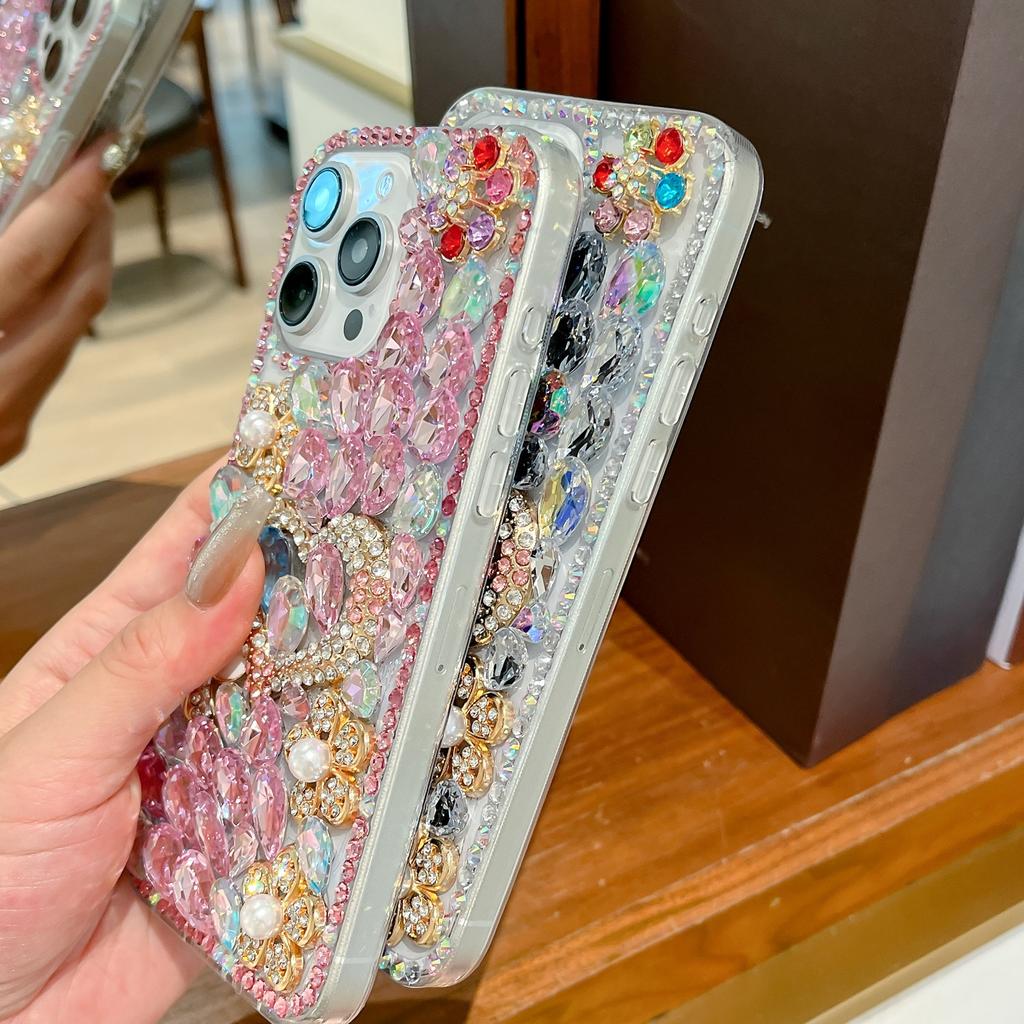 Luxury 3D Bling Glitter Crystal Rhinestone Heart Floral Phone Case For iPhone 17 16 15 14 13 12 11 Pro Max Air Mini 16e 8 7 Plus X XS XR
