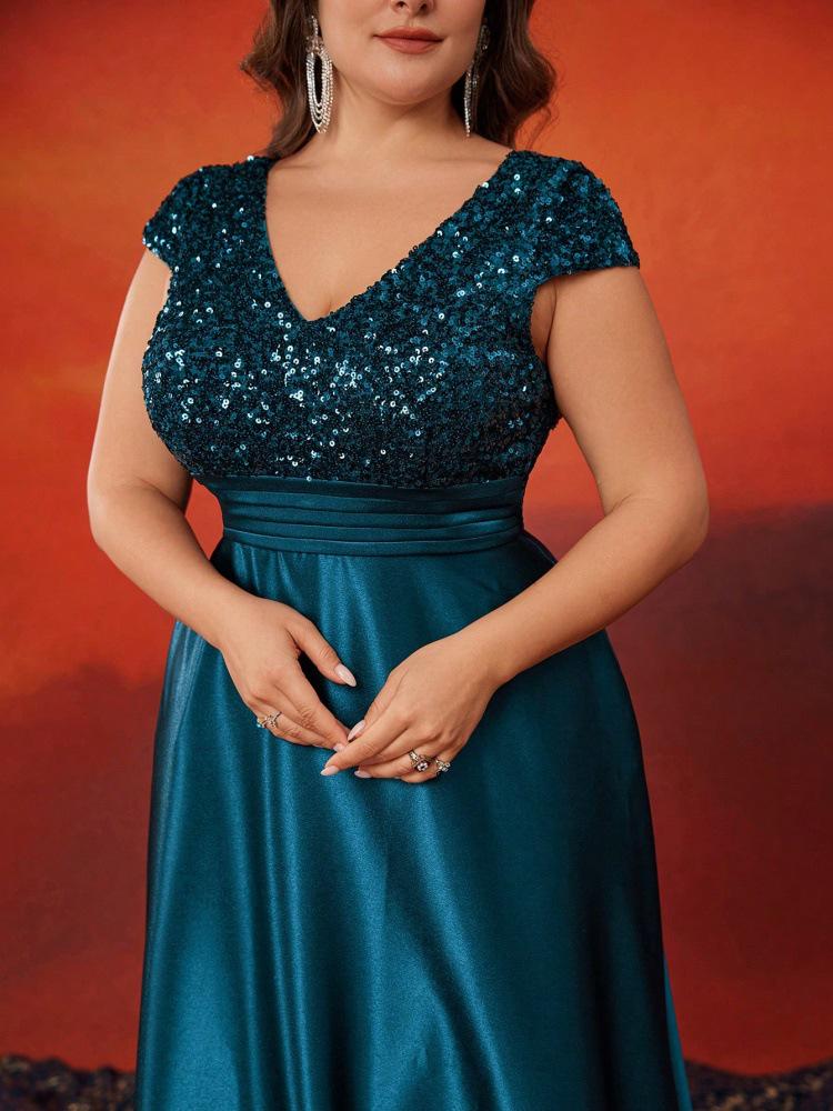 Elegant V-Neck Sequin Evening Gown - Satin A-Line Long Dress for Women