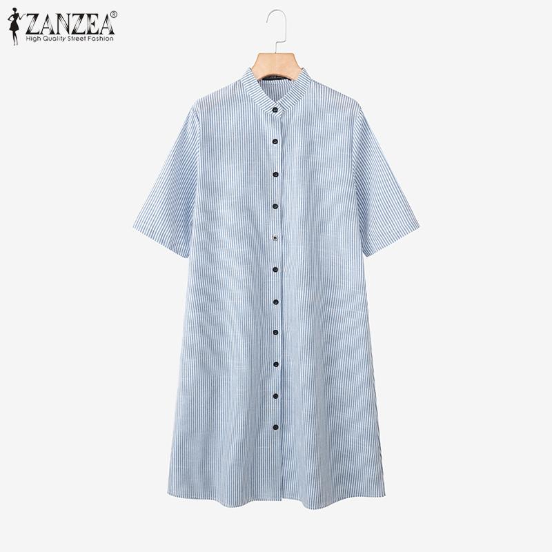 ZANZEA Women Stand Collar Casual Stand Collar Stripe Shirt Dress
