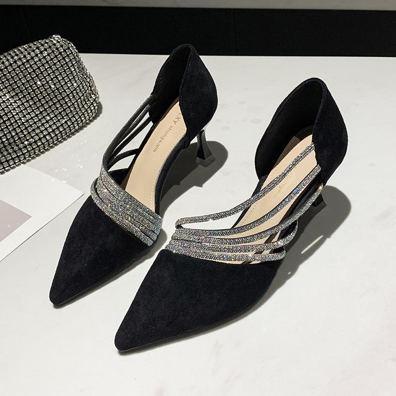 

2025 летняя новая корейская версия модных женских босоножек на высоком каблуке со стразами и тонким острым носком, с неглубоким горлом, с одной педалью 40