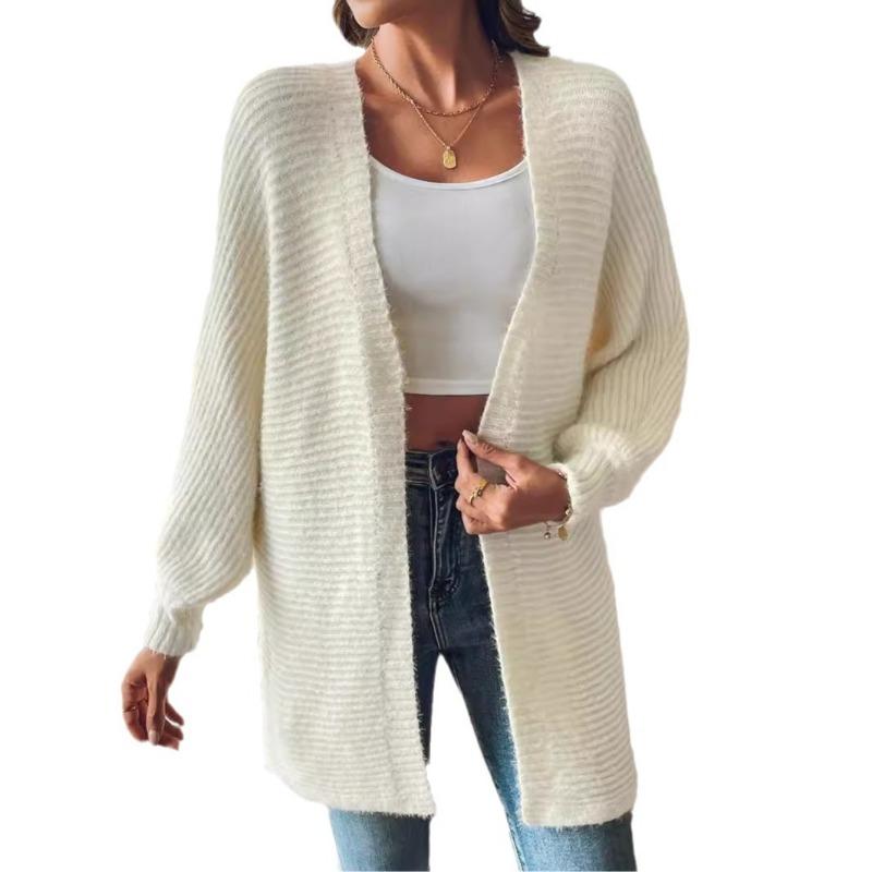 Women Casual Long Sleeve V Neck Solid Open Front Faux Mink Knit Cardigan Sweater Outerwear