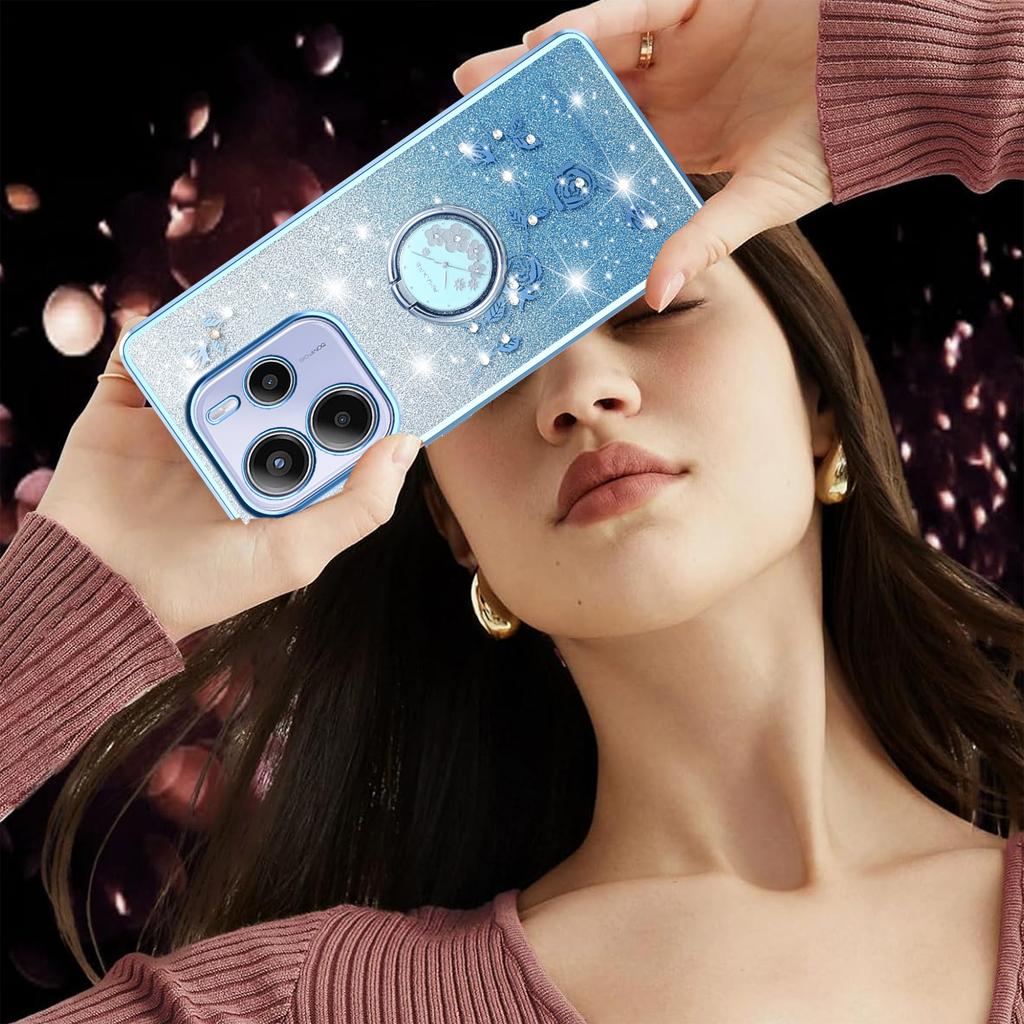 For Xiaomi Redmi Note 14 Pro 4G Case Ring Kickstand TPU Flowers Phone Cover Gradient Glitter