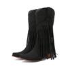 Large Size 45 Women Retro Ethnic Western Cowboy Boots Block Medium Heels Tassel Fringe Kneehigh Boots Lady Winter Shoes