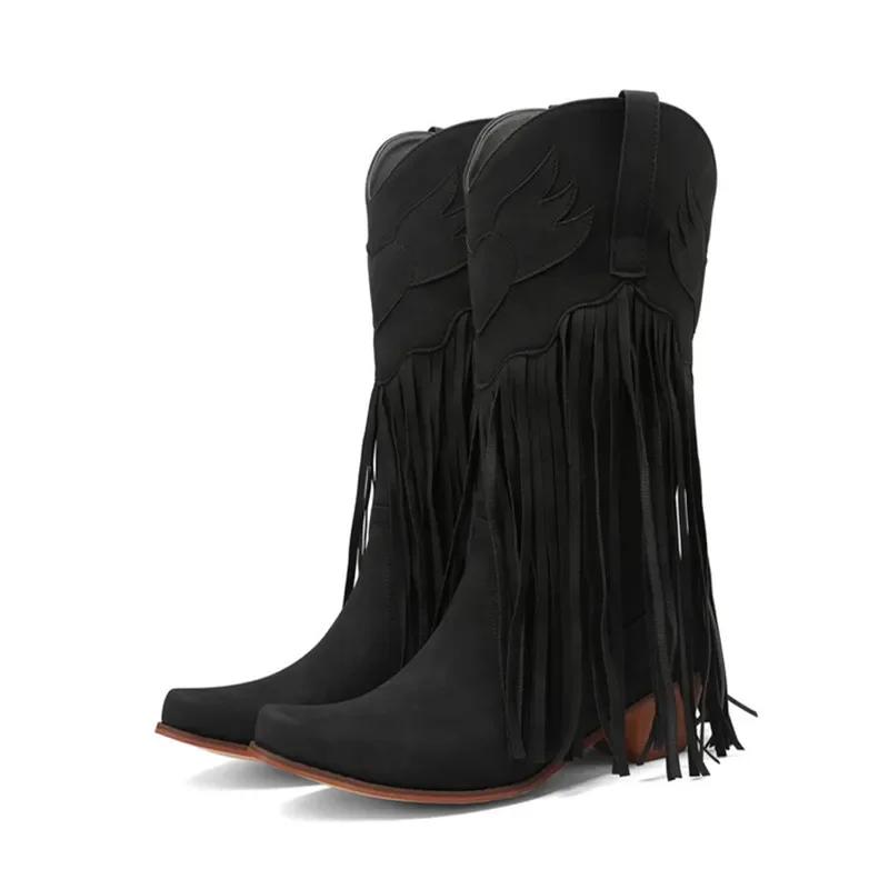 Large Size 45 Women Retro Ethnic Western Cowboy Boots Block Medium Heels Tassel Fringe Kneehigh Boots Lady Winter Shoes